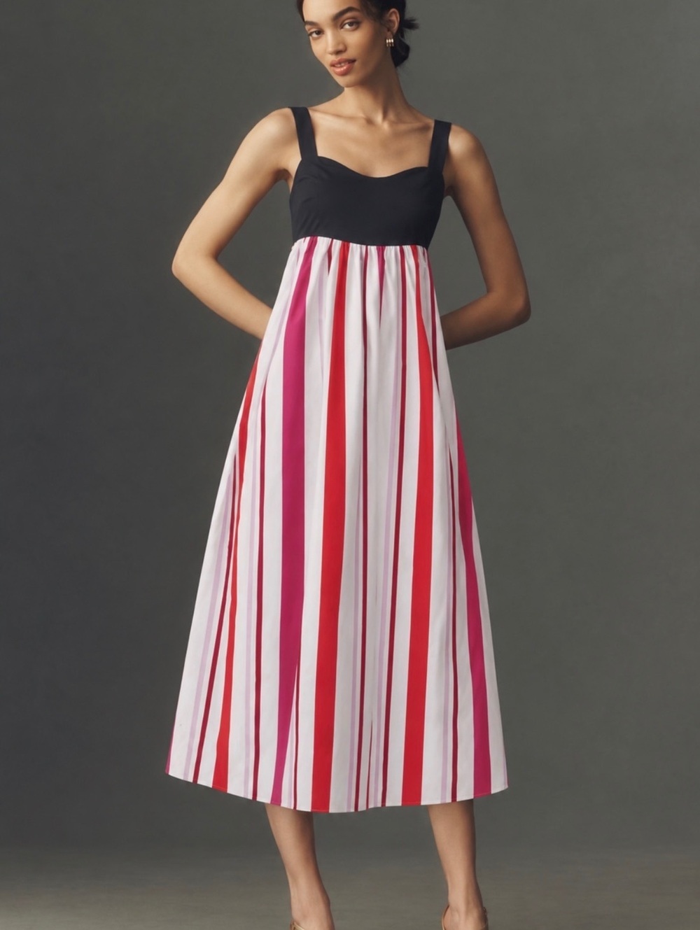 Kate Spade Gardenside Midi Dress Black Bodice with Red Pink White Vertical Strpe